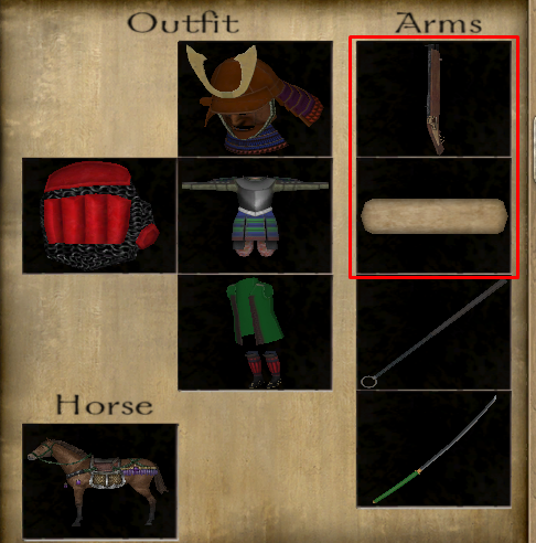 Screenshot of the Inventory on the mod Gekokujo, highlighting weapon and ammo next to each other